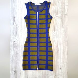 Americana Knit Blue Green Sleeveless Double Zip Sheath Bodycon Dress Size Small